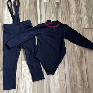 Navy Long Sleeve Leotard & Suspender Leggings Set with Red Neck Trim